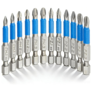 Magnetic Screwdriver Bits, 12 Pieces, Hex Shank, S2 Steel, 50 mm, PH1-PH3 and PZ1-PZ3