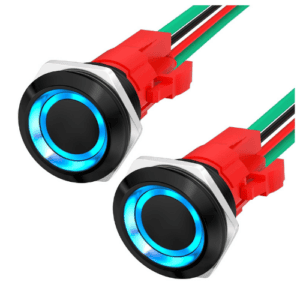 Momentary Push Button Switch, 12 V, 20 A, Marine Waterproof, 19 mm, SPST, 4-Pin, Blue LED Illuminated, with Pre-Wired So
