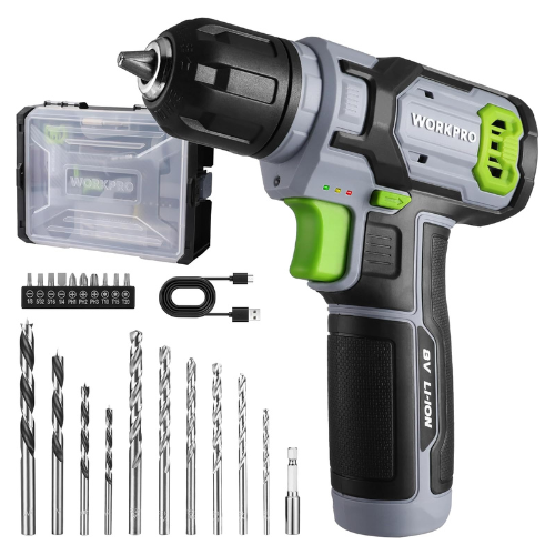 WORKPRO 8V Cordless Drill Driver Set, 3/8 in Keyless Chuck, Max Torque 12 N.m, 2Ah Battery, 21 Pcs Accessories, Stack an