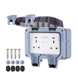 Weatherproof Outdoor Sockets, Double Waterproof Switched Power Socket IP66, Wall Electrical Outlets with Cover, 13A 2 Gang Plug Sockets
