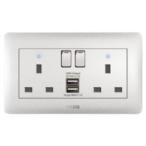 Milano 13A Twin Switched Socket Neon Light With Usb Charger