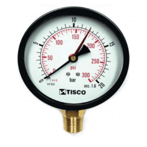 Tisco TC10A-100 Pressure Gauge 0-20 bar & psi, 100 mm Dial, Stainless Steel Casing, Brass Internals, 1/2" NPT Bottom Connection