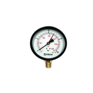 TISCO PRESSURE GAUGE MODEL: TC2A, RANGE: 0/20 BAR & PSI, DIAL: 100 MM, MATERIAL:BLACK STEEL CASING & BRASS INTERNAL, BOTTON CONN: 1/2" NPT