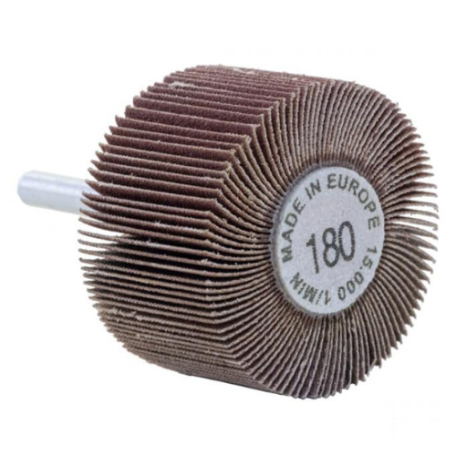 Flap Wheel Rotary Abrasive Wheel 180 grit, 50mm diameter, 20mm wide face. 6mm shaft