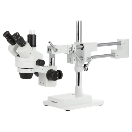 AmScope 3.5X-90X Simul-Focal Trinocular Stereo Zoom Microscope on Dual Arm Boom