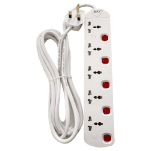 MAY 5-Way Universal Power Extension Socket, 5 Metre, with Individual Neon Light Switches