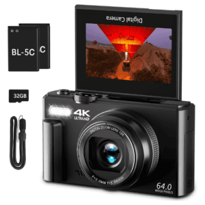 4K 64MP Vlogging Digital Camera with WiFi, 32GB Micro SD Card, Black