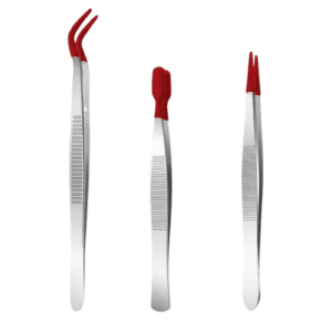 3 Pieces Tweezers with Rubber Tips Set with Red Silicone Coated Flat Bent Pointed Tip Tweezer for St