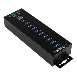 StarTech.com 10 Port USB Hub with Power Adapter, Surge Protection, Metal Industrial USB 3.0 Data Transfer Hub, Din Rail, Wall or Desk Mountable
